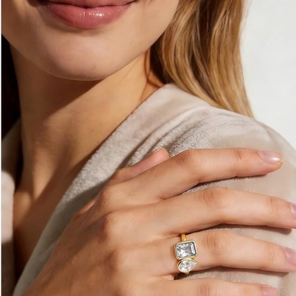 Gold Two-Stone Cubic Zirconia Open Ring - Women's Jewelry - Picture 3 of 5